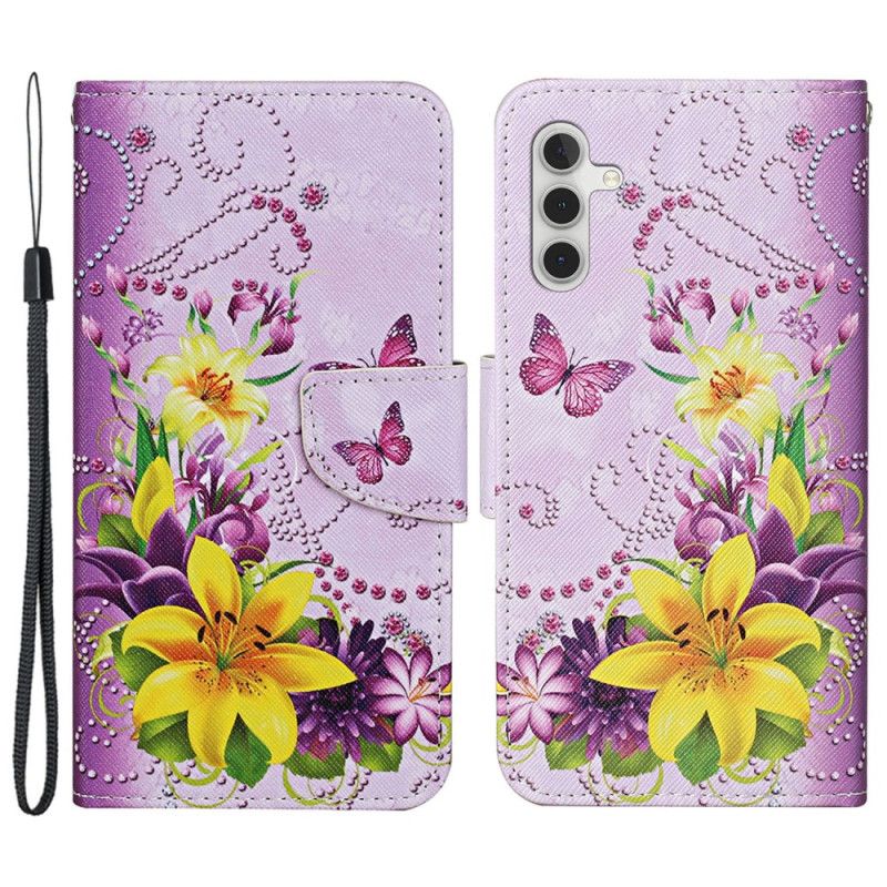 Folio Deksel Til Samsung Galaxy A15 5g Gule Blomster Og Sommerfugler Med Stropp