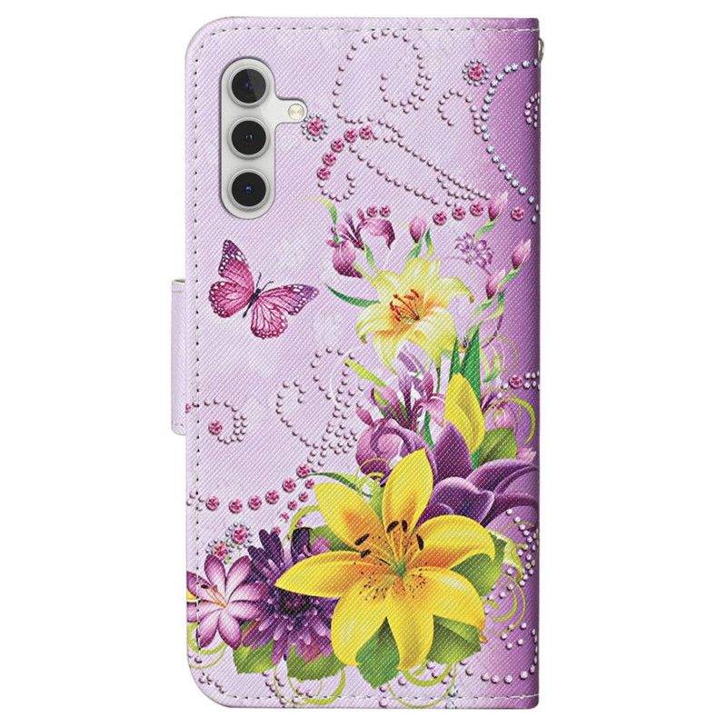 Folio Deksel Til Samsung Galaxy A15 5g Gule Blomster Og Sommerfugler Med Stropp