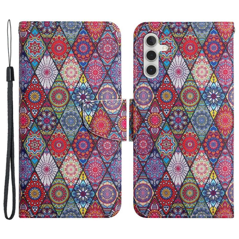 Lærdeksel Folio Deksel Samsung Galaxy A15 5g Mobildeksel Patchwork Med Stropp