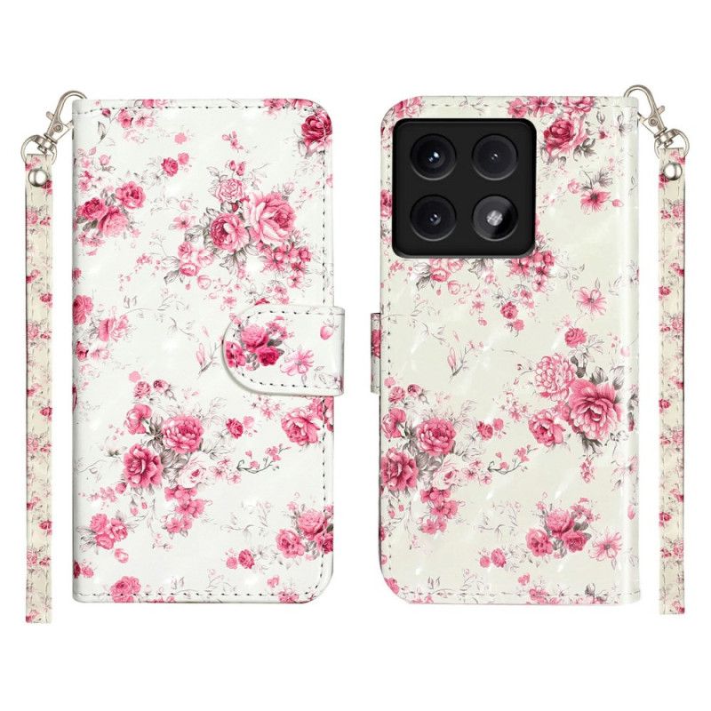 Folio Deksel Xiaomi 14t Rosa Blomster Med Stropp