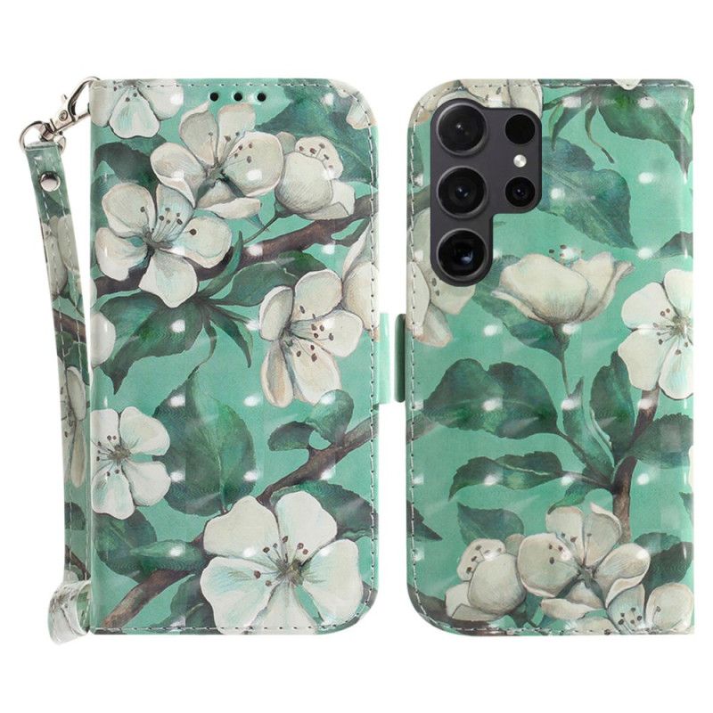 Folio Deksel Samsung Galaxy S24 Ultra 5g Med Hvite Blomster Med Stropp