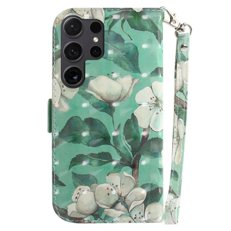 Folio Deksel Samsung Galaxy S24 Ultra 5g Med Hvite Blomster Med Stropp