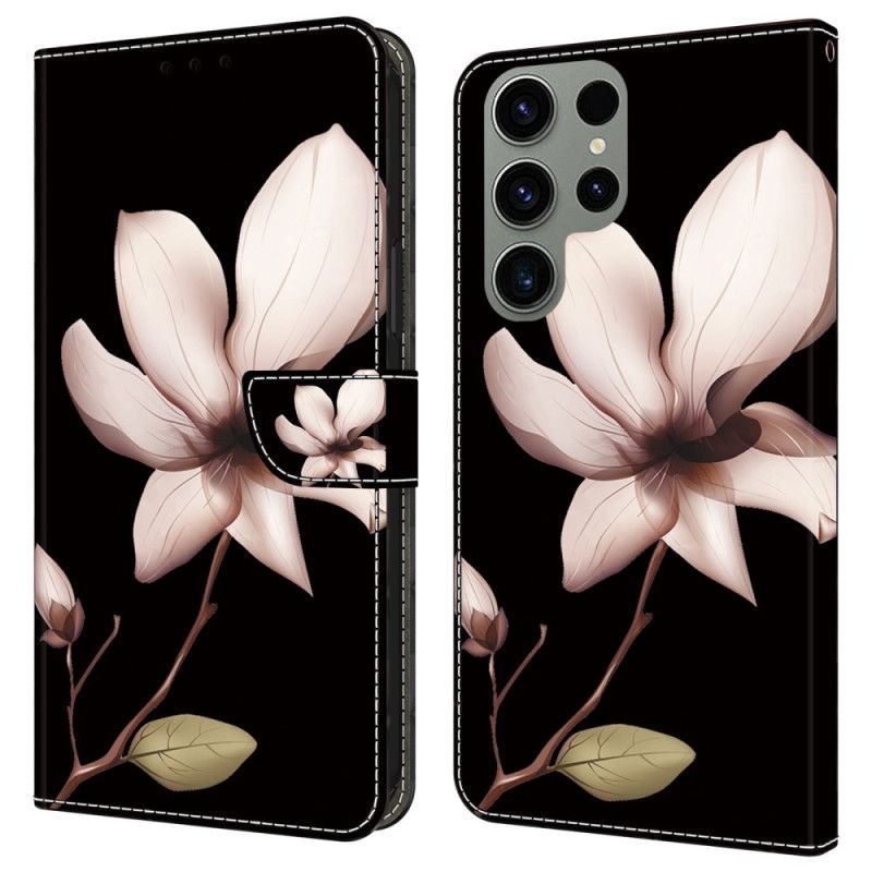 Folio Deksel Samsung Galaxy S24 Ultra 5g Rosa Blomst På Svart Bakgrunn