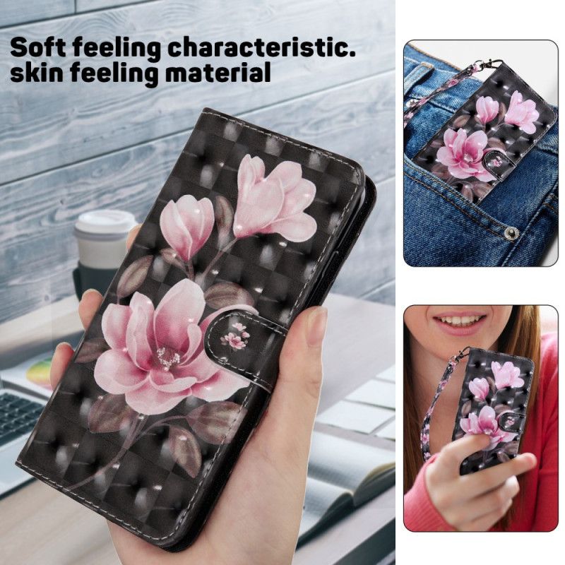 Lærdeksel Folio Deksel Samsung Galaxy S24 Ultra 5g Mobildeksel Rosa Blomster På Svart Bakgrunn Med Stropp