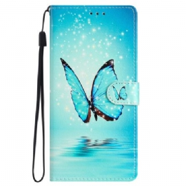 Folio Deksel Samsung Galaxy S24 Plus 5g Blue Butterfly In Lanyard Flight