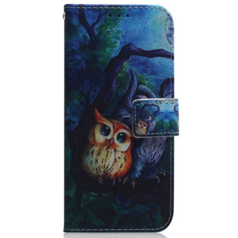 Folio Deksel Til Moto G73 5G Med Kjede Strappy Owls Maleri