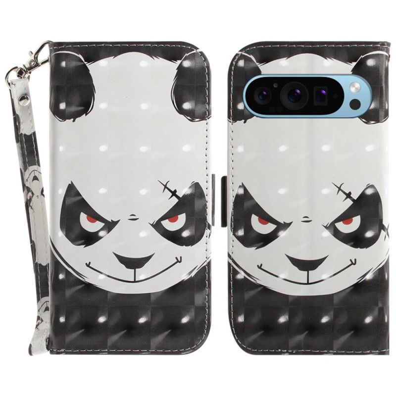 Lærdeksel Folio Deksel Google Pixel 9 Mobildeksel Angry Panda Love With Strap