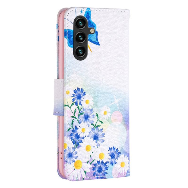 Lærdeksel Folio Deksel Samsung Galaxy A15 Mobildeksel Sommerfugl Og Blomster Akvarell