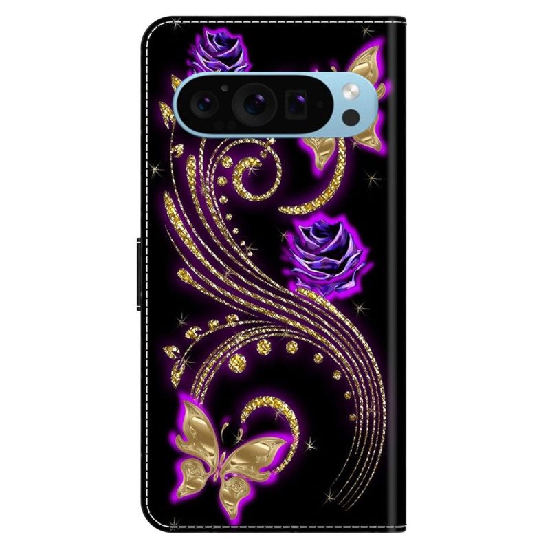 Folio Deksel Google Pixel 9 Pro Xl Fiolette Blomster Og Sommerfugler