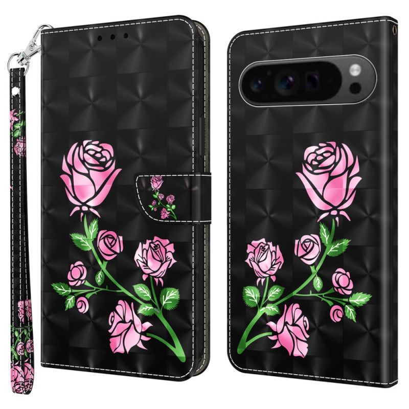 Folio Deksel Til Google Pixel 9 Pro Xl Rosa Blomster Med Stropp