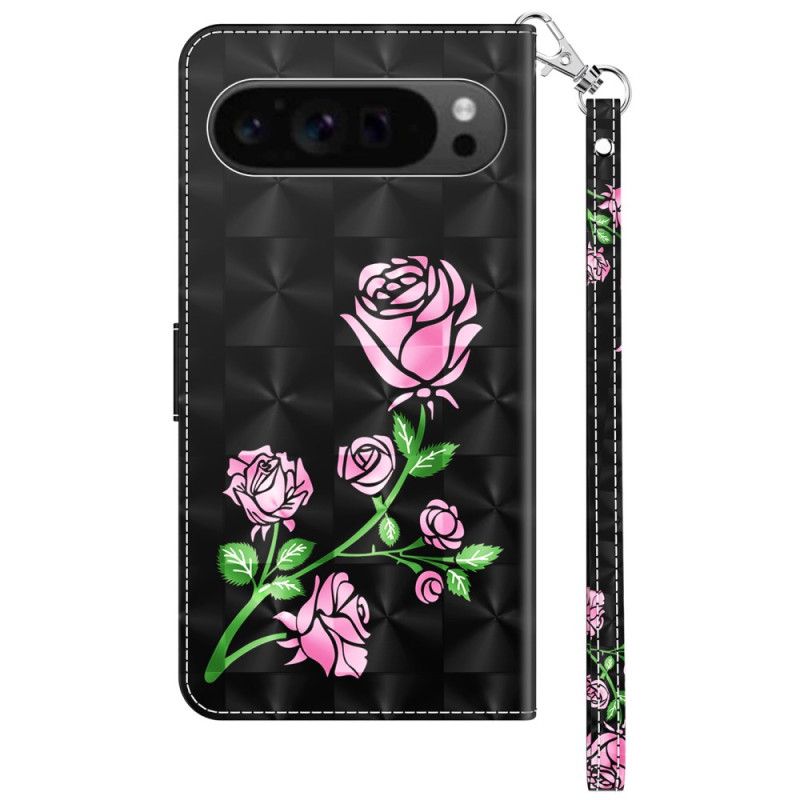 Folio Deksel Til Google Pixel 9 Pro Xl Rosa Blomster Med Stropp