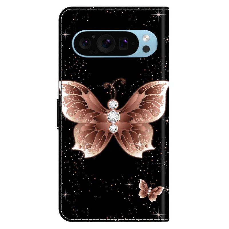 Lærdeksel Folio Deksel Google Pixel 9 Pro Xl Mobildeksel Rosa Diamant Sommerfugl