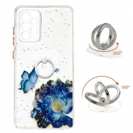 Deksel Til Samsung Galaxy A72 4G / A72 5G Blå Blomster Og Sommerfugler Med Ring