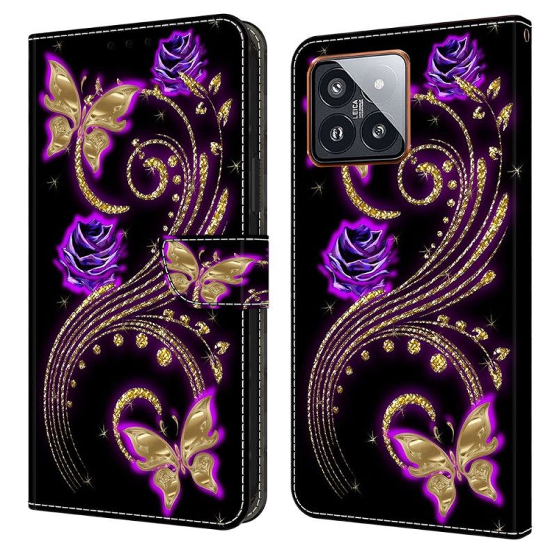 Folio Deksel Xiaomi 14 Pro Fiolette Blomster Og Sommerfugler