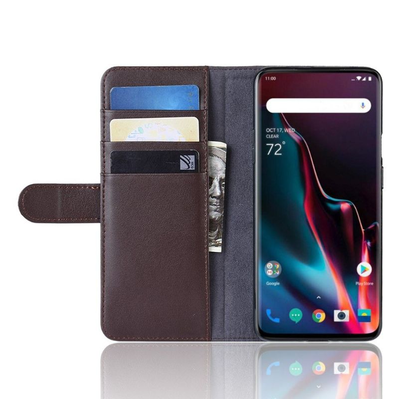 Etui Til OnePlus 7 Pro Premium Skinnkortholder - Brun