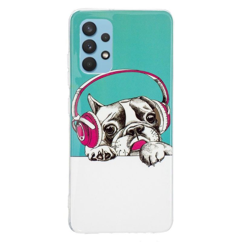 Deksel Til Samsung Galaxy A32 4G Lysende Hund Som Lytter Til Musikk