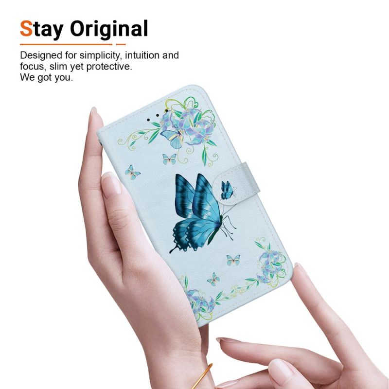 Folio Deksel iPhone 16 Pro Max Blå Sommerfugl Og Blomster Med Stropp Beskyttelse Deksel