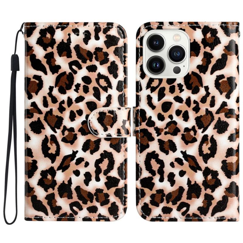 Folio Deksel iPhone 16 Pro Max Leopardmønster Med Stropp