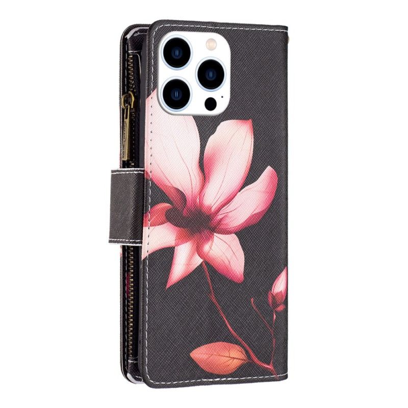 Folio Deksel iPhone 16 Pro Max Rosa Blomsterlommebok På Svart Bakgrunn Beskyttelse Deksel