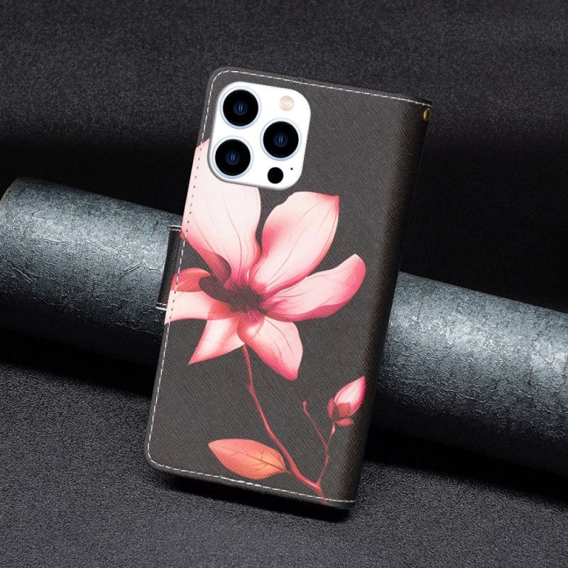 Folio Deksel iPhone 16 Pro Max Rosa Blomsterlommebok På Svart Bakgrunn Beskyttelse Deksel