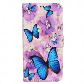 Folio Deksel iPhone 16 Pro Max Sommerfugler Og Lilla Blomster Med Stropp