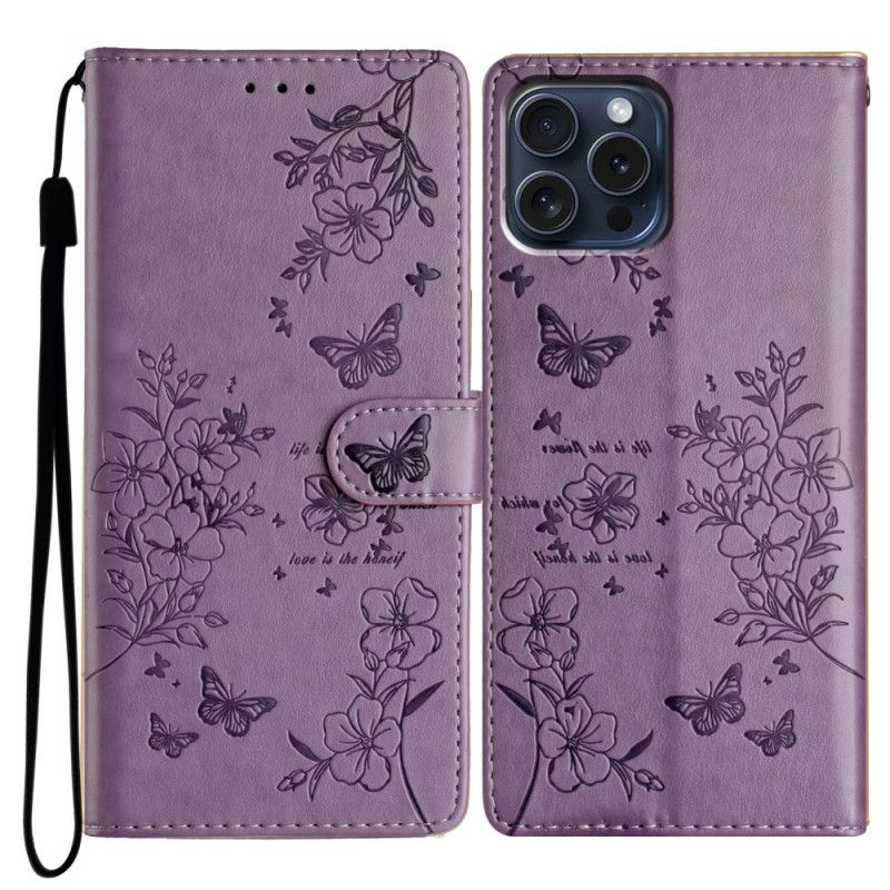 Lærdeksel Folio Deksel iPhone 16 Pro Max Mobildeksel Blomster Og Sommerfugler