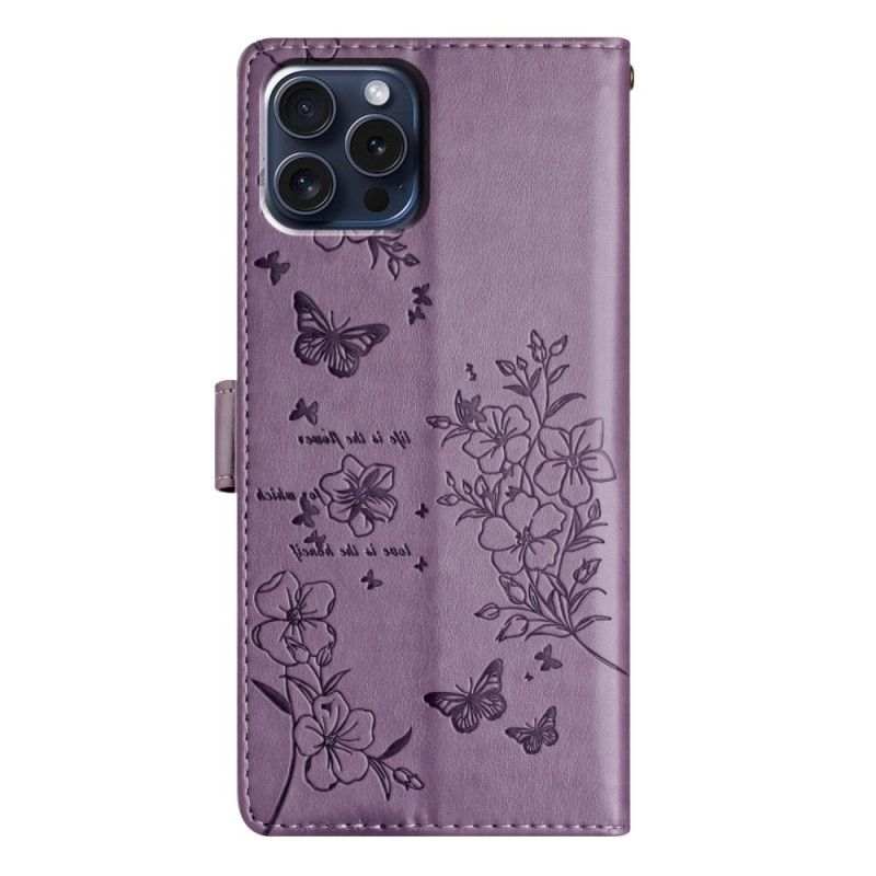 Lærdeksel Folio Deksel iPhone 16 Pro Max Mobildeksel Blomster Og Sommerfugler