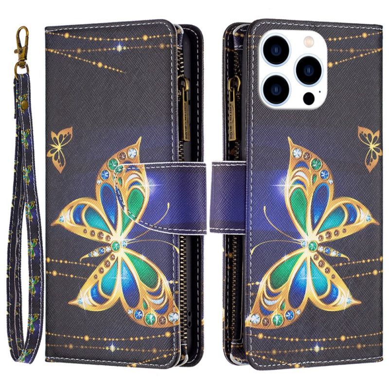 Lærdeksel Folio Deksel iPhone 16 Pro Max Mobildeksel Rhinestone Butterflies Wallet