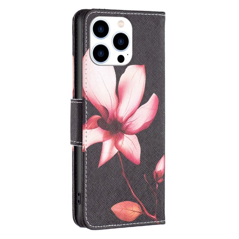 Lærdeksel Folio Deksel iPhone 16 Pro Max Mobildeksel Rosa Blomst Med Svart Bakgrunn