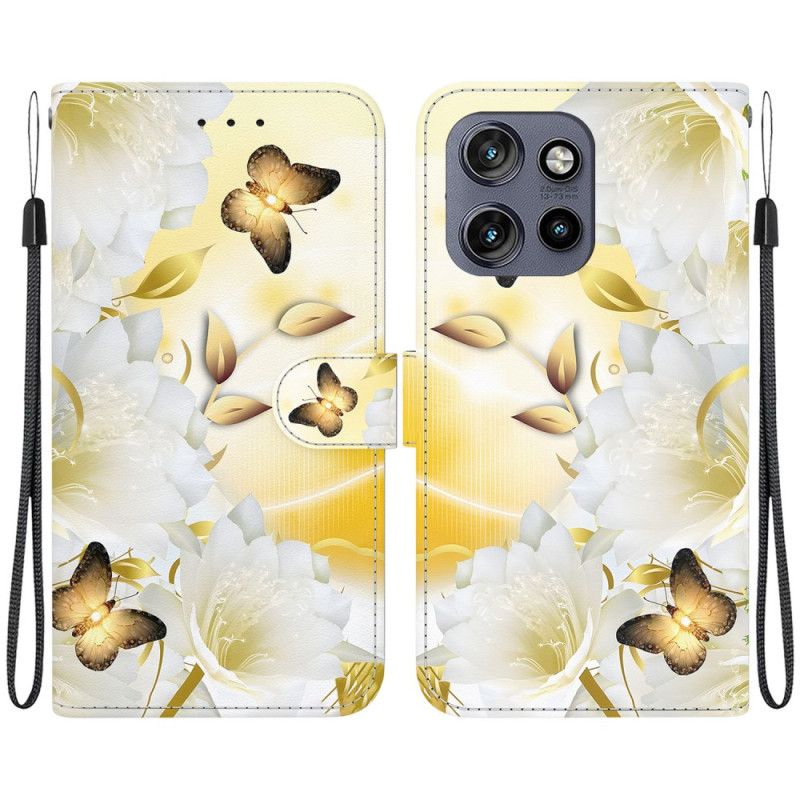 Folio Deksel Motorola Edge 50 Neo Gylne Sommerfugler Og Hvite Blomster