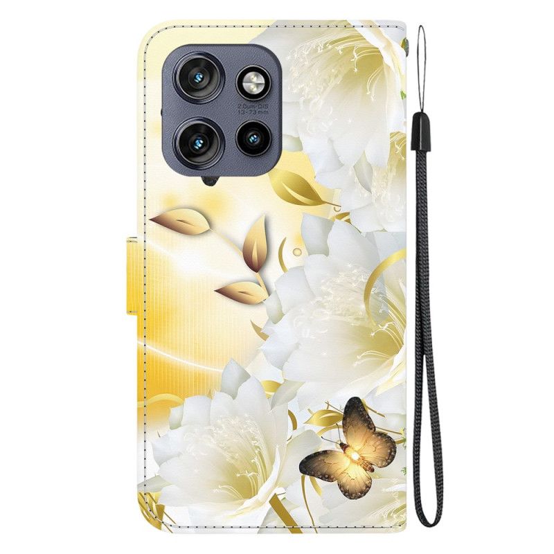 Folio Deksel Motorola Edge 50 Neo Gylne Sommerfugler Og Hvite Blomster