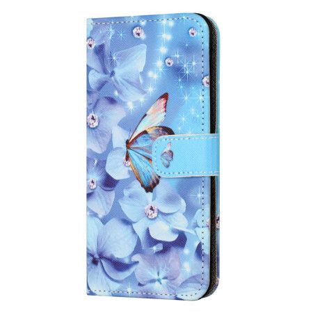 Lærdeksel Folio Deksel Samsung Galaxy S24 Fe Blå Blomster Og Sommerfugler Med Stropp