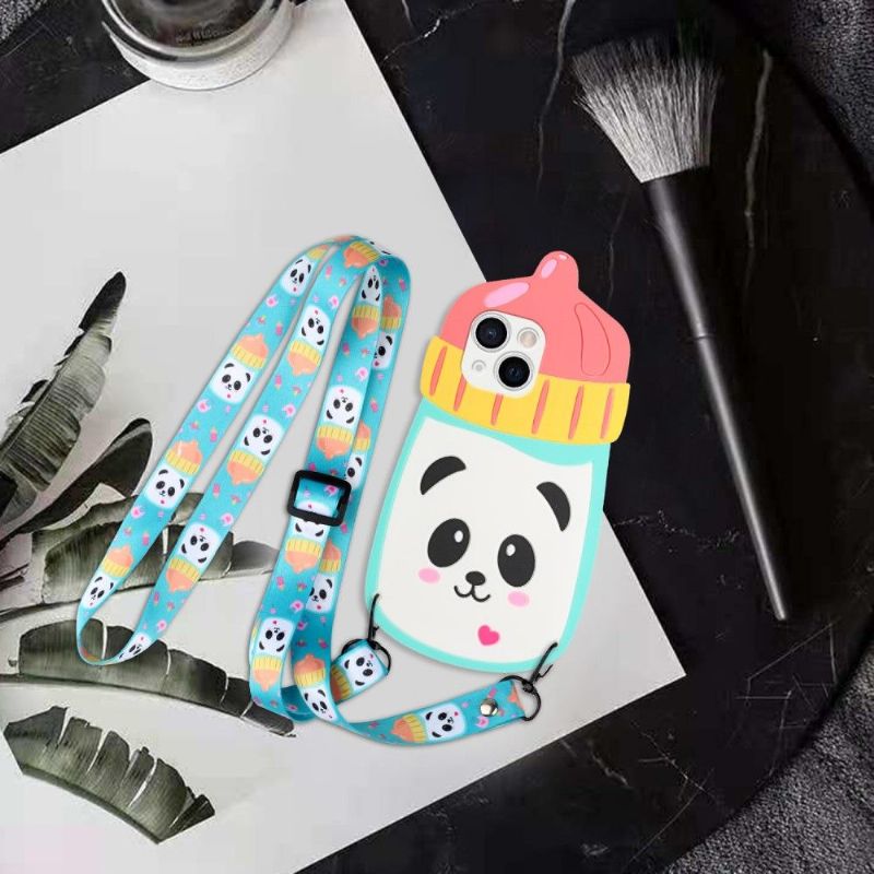 Deksel Til iPhone 13 Mini 3d Panda Babyflaske Med Stropp