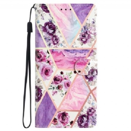 Folio Deksel Samsung Galaxy S24 5g Marmor Lilla Blomster Med Stropp