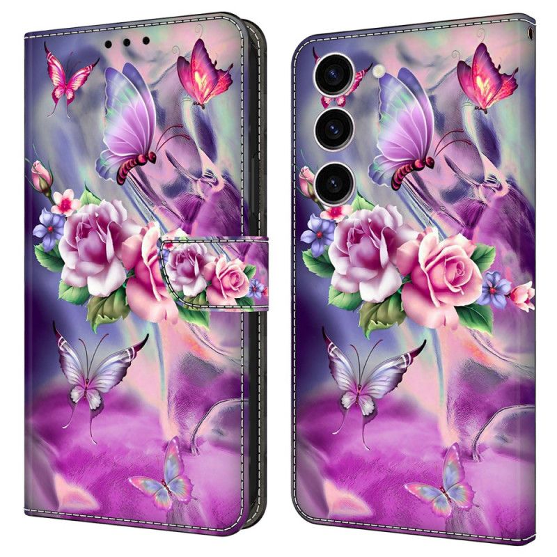 Folio Deksel Samsung Galaxy S24 5g Sommerfugler Og Fiolette Blomster Beskyttelse Deksel