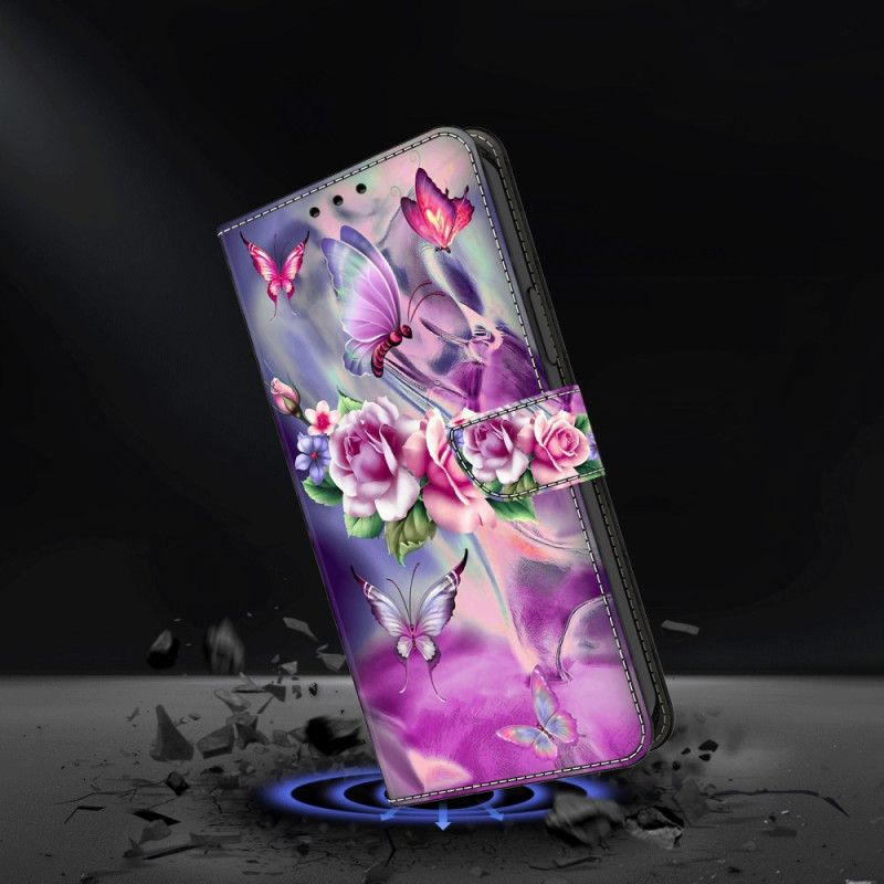 Folio Deksel Samsung Galaxy S24 5g Sommerfugler Og Fiolette Blomster Beskyttelse Deksel