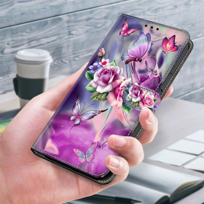 Folio Deksel Samsung Galaxy S24 5g Sommerfugler Og Fiolette Blomster Beskyttelse Deksel