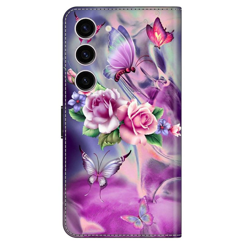 Folio Deksel Samsung Galaxy S24 5g Sommerfugler Og Fiolette Blomster Beskyttelse Deksel