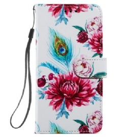 Lærdeksel Folio Deksel Samsung Galaxy S24 5g Fargerike Blomster Med Stropp