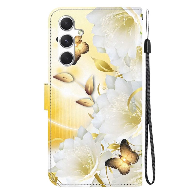 Lærdeksel Folio Deksel Samsung Galaxy S24 5g Gylden Sommerfugl Og Blomster Med Stropp