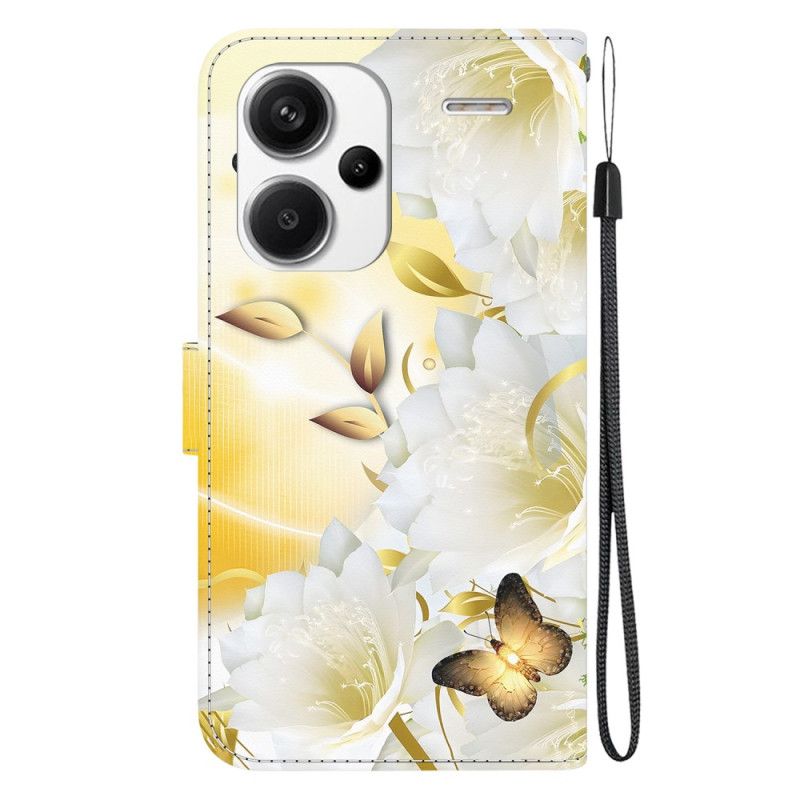 Folio Deksel Xiaomi Redmi Note 13 Pro Plus 5g Gylne Sommerfugler Og Hvite Blomster Med Stropp