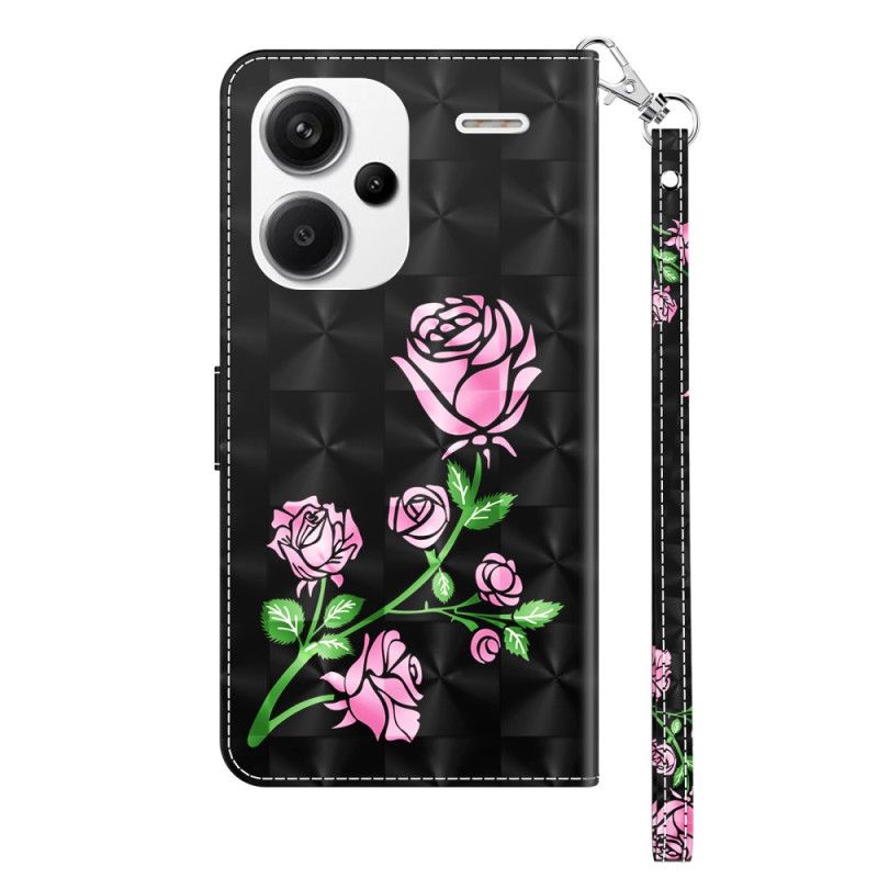 Lærdeksel Folio Deksel Xiaomi Redmi Note 13 Pro Plus 5g Mobildeksel Rosa Blomster Med Stropp