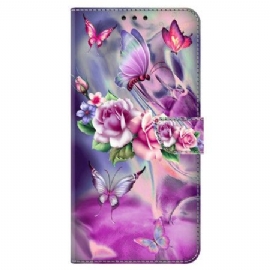 Lærdeksel Folio Deksel Oppo A98 5g Sommerfugler Og Fiolette Blomster