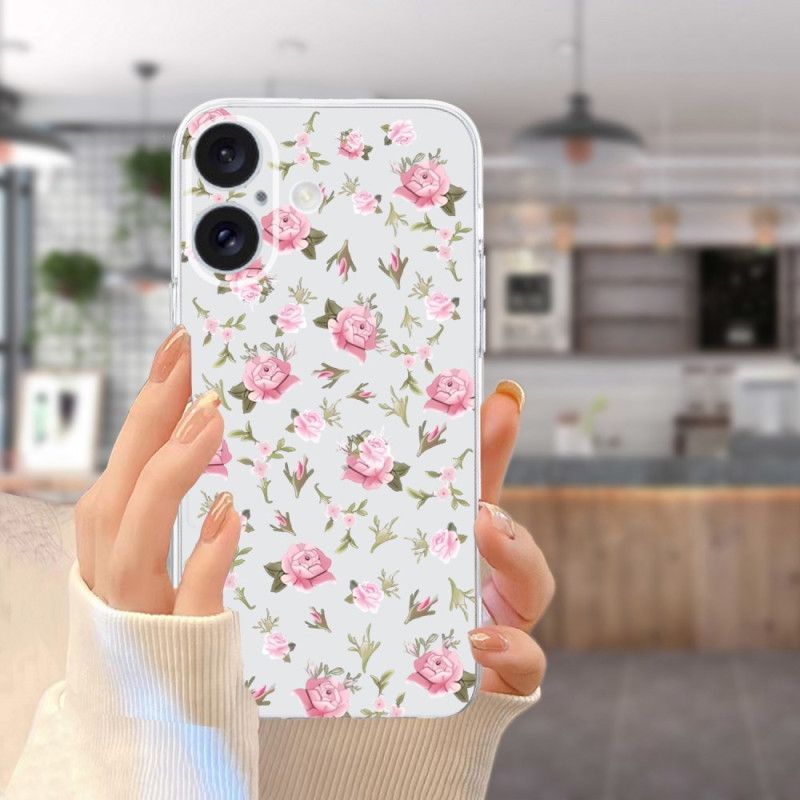 Deksel iPhone 16 Mobildeksel Gjennomsiktig Kant Rosa Blomster