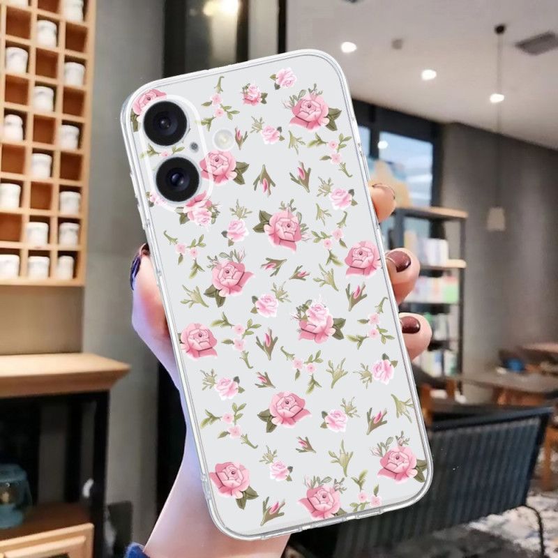 Deksel iPhone 16 Mobildeksel Gjennomsiktig Kant Rosa Blomster