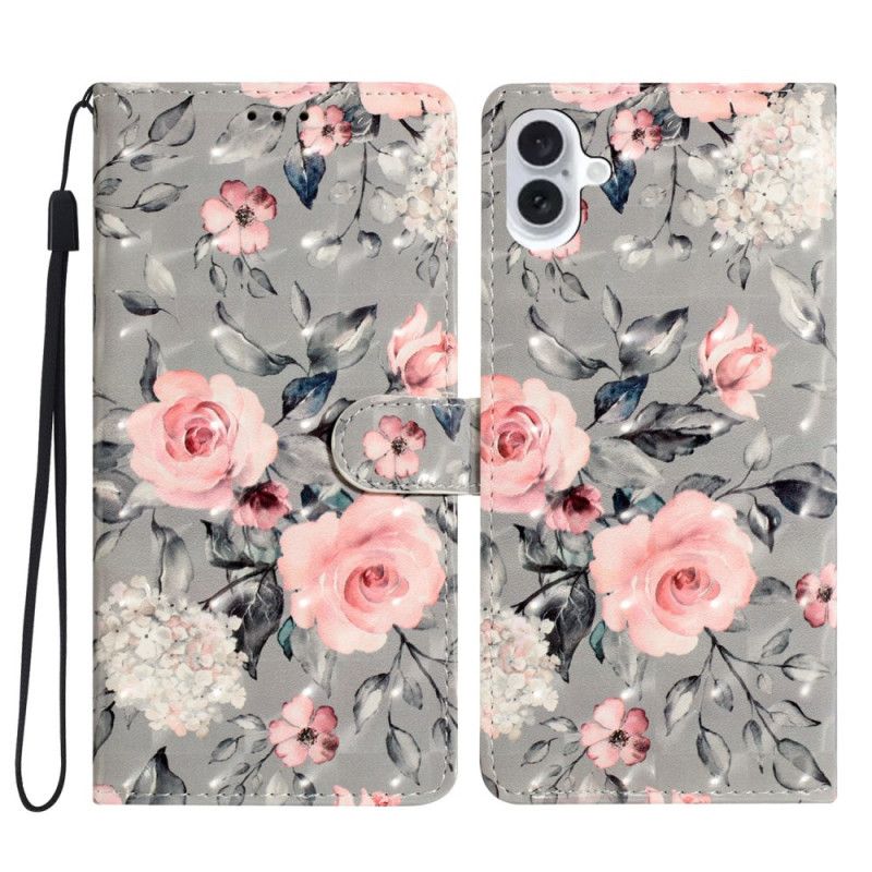 Folio Deksel iPhone 16 Blomstertrykk Med Stropp