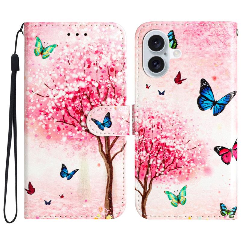 Folio Deksel iPhone 16 Cherry Blossom Tree Med Stropp