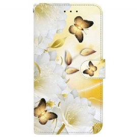 Folio Deksel Til iPhone 16 Gylne Sommerfugler Og Hvite Blomster Med Stropp