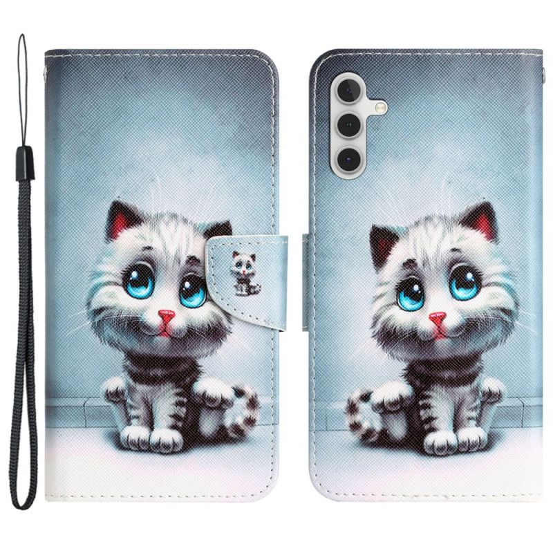 Lærdeksel Folio Deksel Samsung Galaxy A55 5g Mobildeksel Blue Eyed Cat Med Stropp