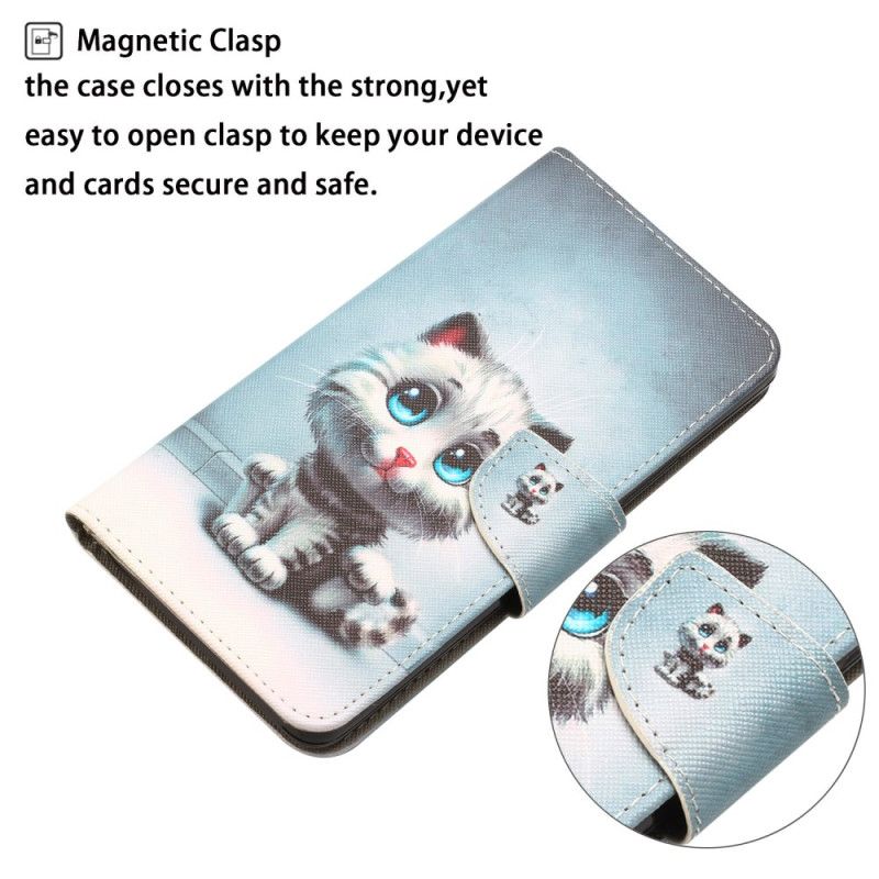 Lærdeksel Folio Deksel Samsung Galaxy A55 5g Mobildeksel Blue Eyed Cat Med Stropp